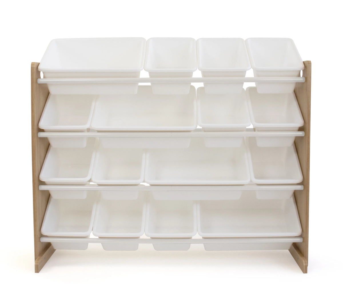 Kids Wood Toy Storage Organizer with 16 White Plastic Bins O402
