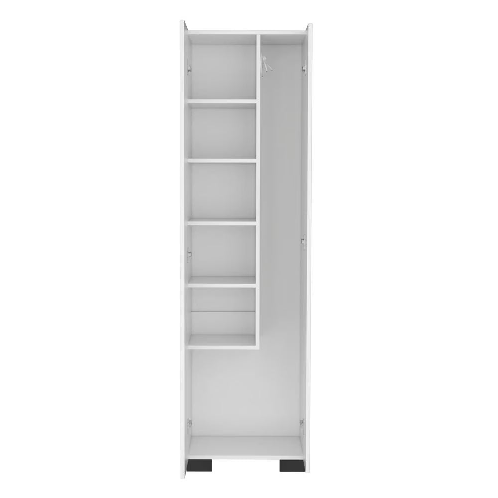 White Double-Door Broom Cabinet with Inner Shelves and Side Hangers L586448