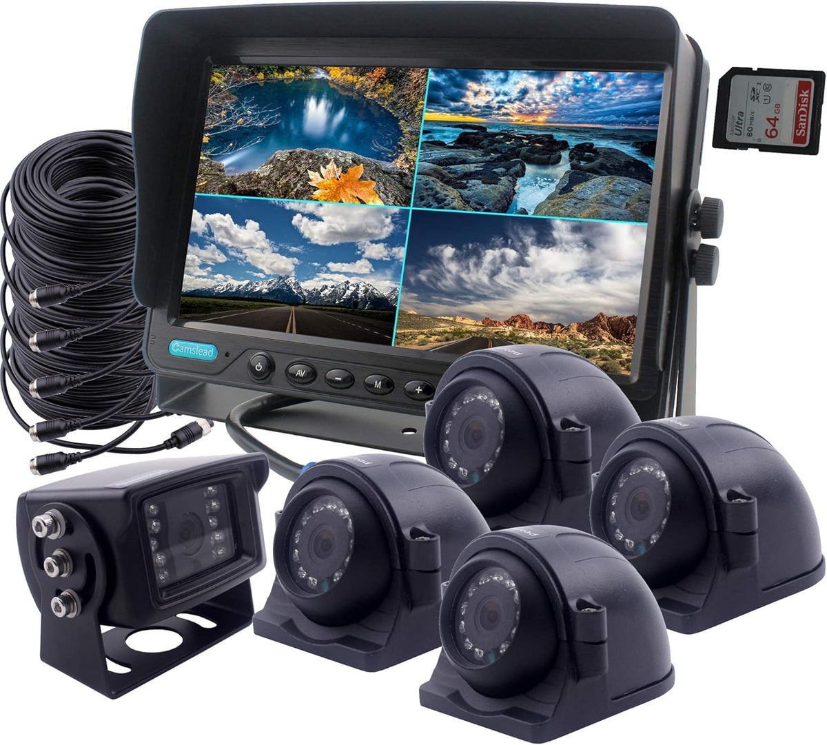 9 inch DVR Monitor with Quad Split Screen, 4 x Side Cameras + 1 x Backup Camera, HD Colour IP69K & 10G Vibration Camera System O62248