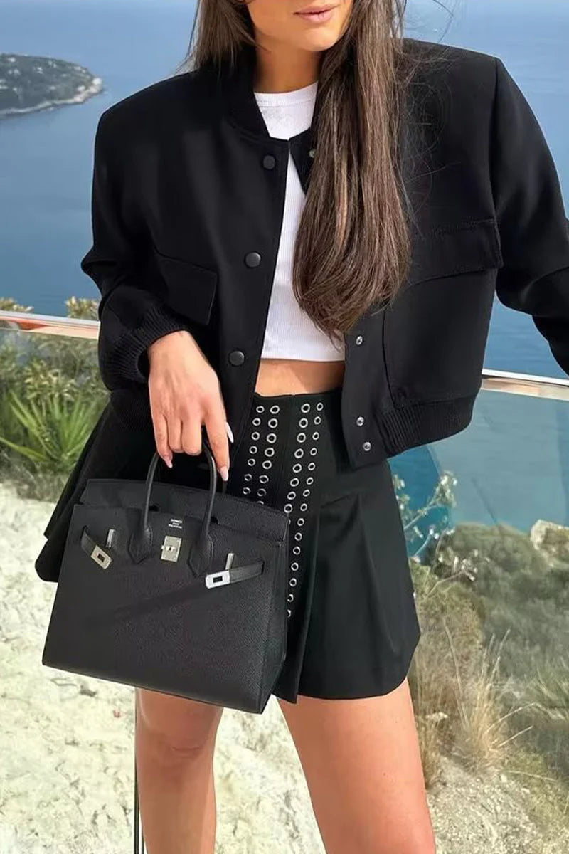 Solid Mandarin Collar Outerwear G630