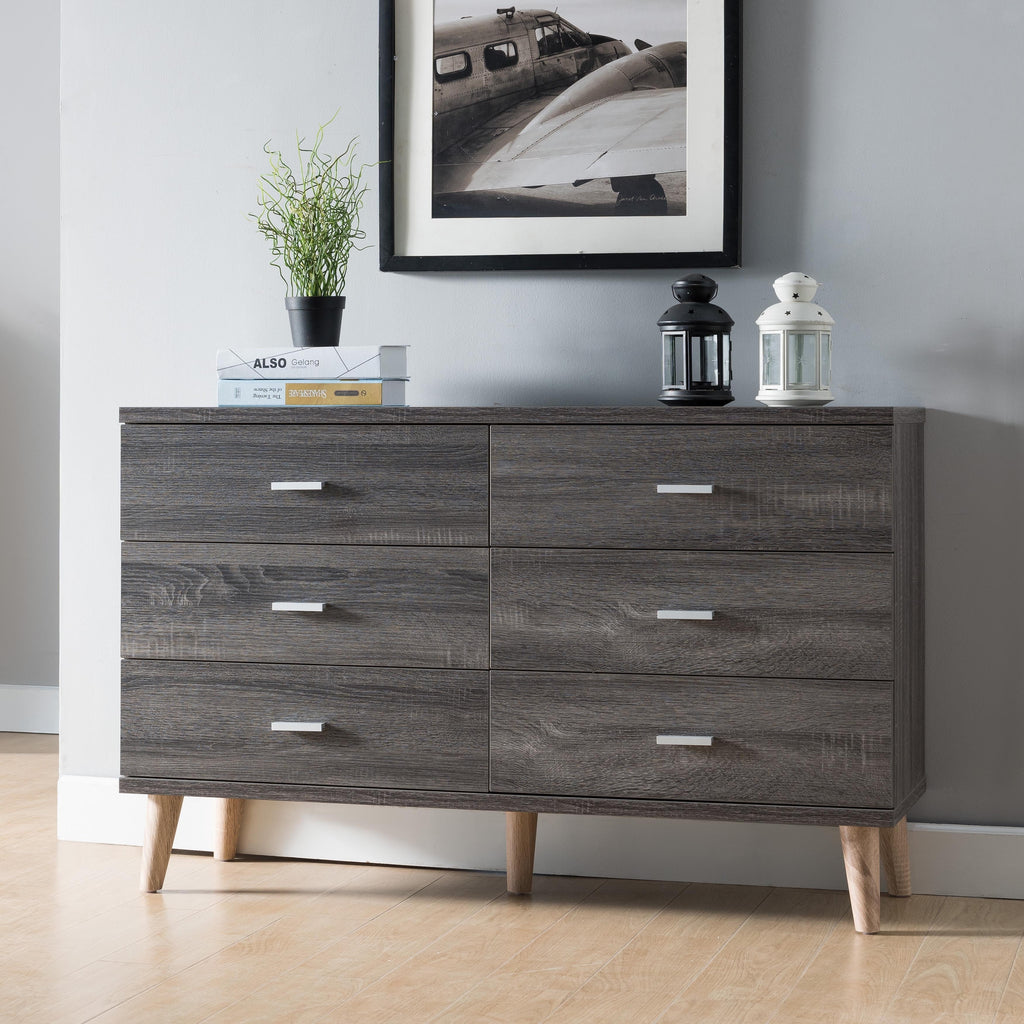 Distressed Grey 6-Drawer Dresser with Bar Pulls L105