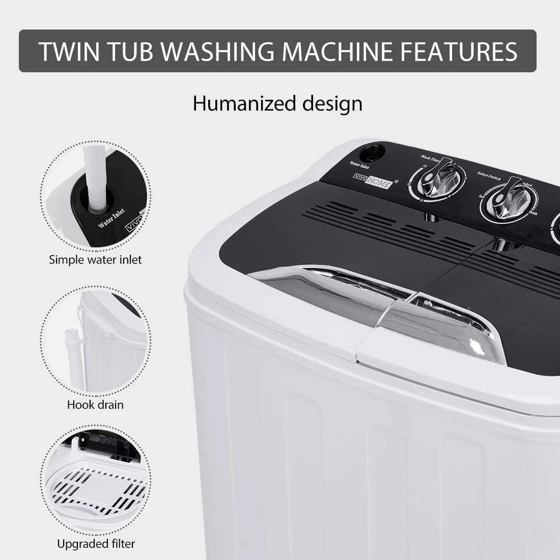 Portable 2 in 1 Twin Tub Mini Laundry Washer and Spin Dryer Combo 13.5lbs Black & White D88673