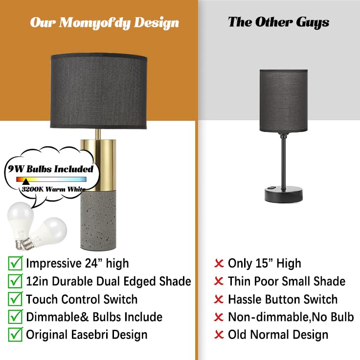 24" Tall Black Gold Set of 2 Concrete Touch Control Table Lamps T768
