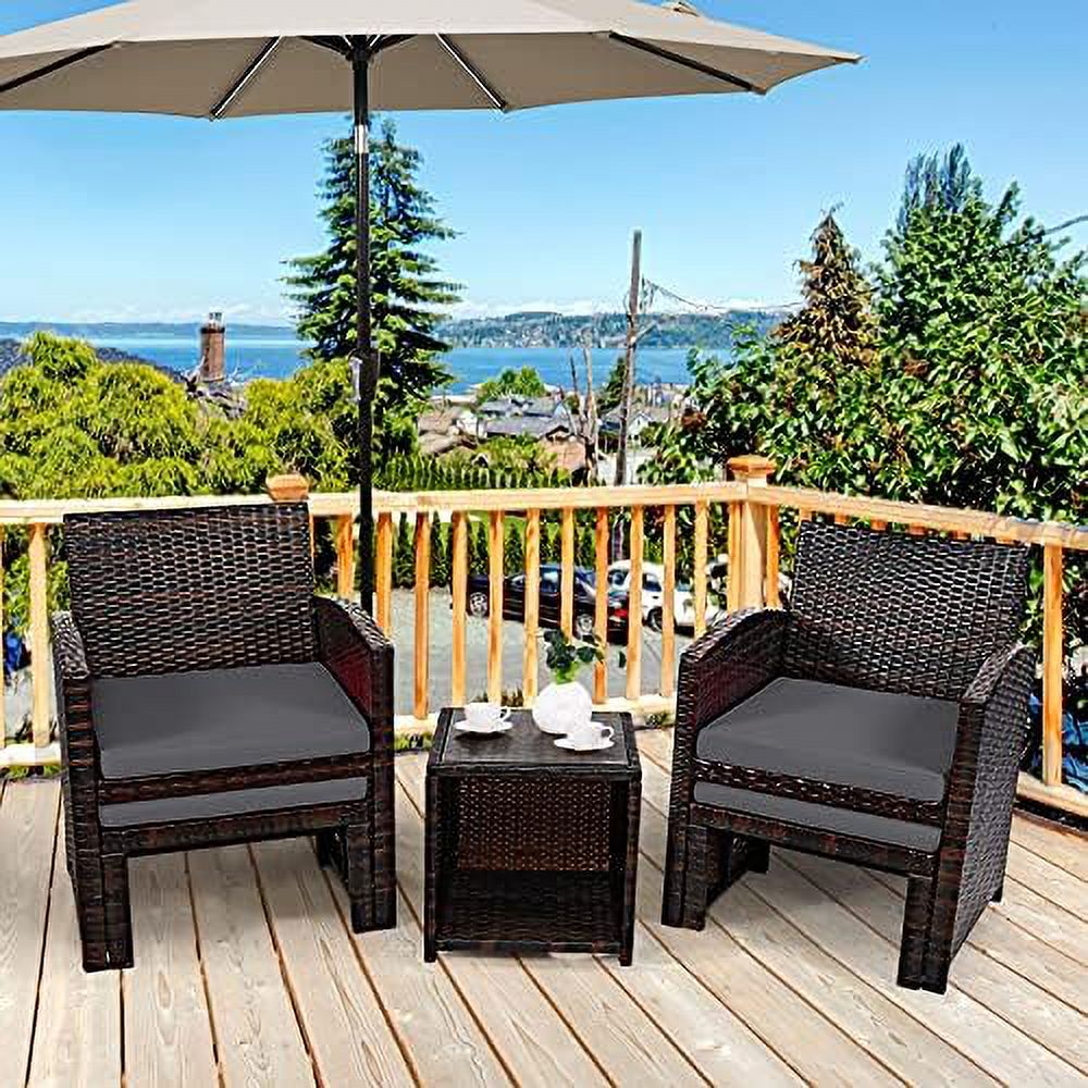 Patio Rattan Conversation Set with Cushioned Chair & Ottoman & Tempered Glass Coffee Table Y632