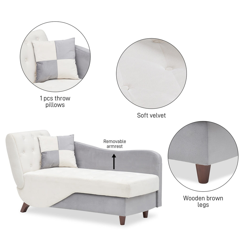 White Upholstered Storage Chaise Lounge Chair with Left Armrest & Lumbar Pillow V80849