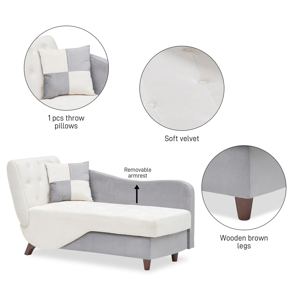 White Upholstered Storage Chaise Lounge Chair with Left Armrest & Lumbar Pillow V80849