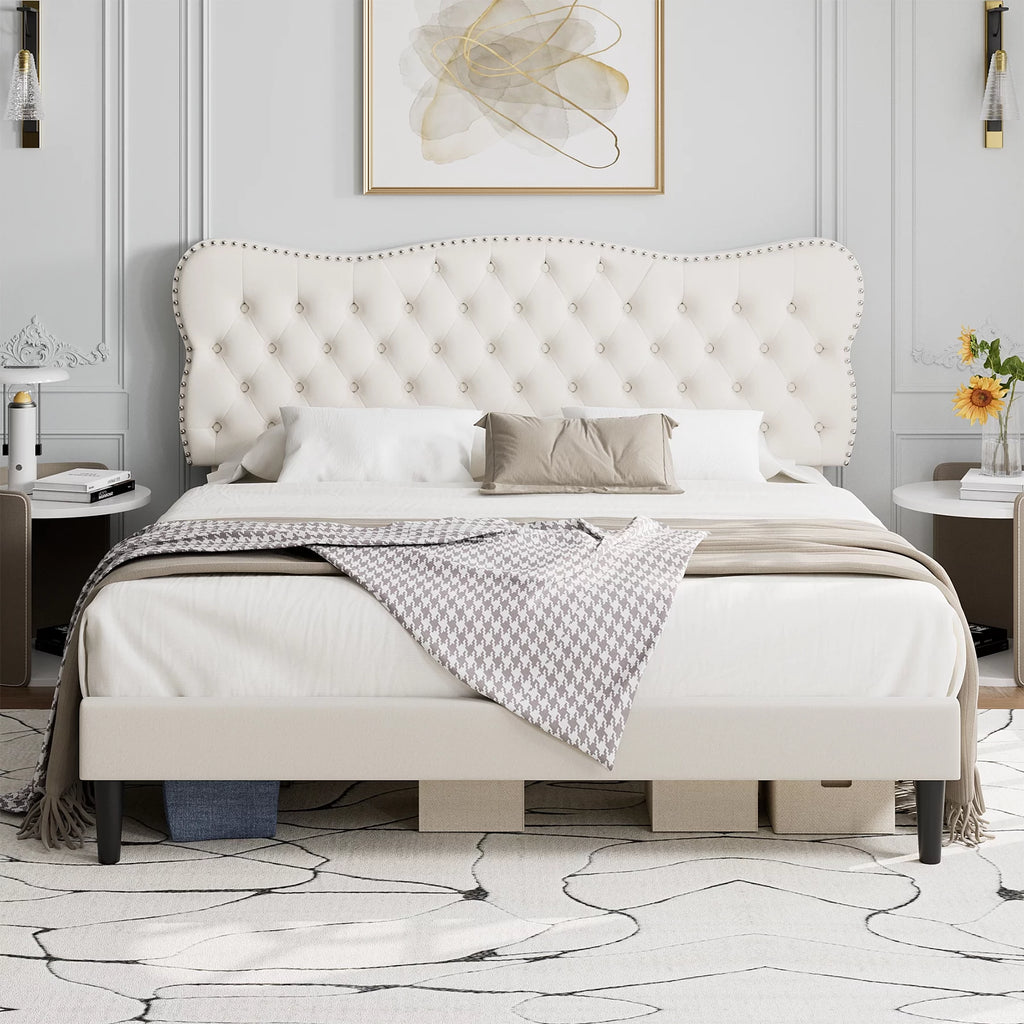 Queen Size Black Linen Upholstered Platform Bed with Adjustable Headboard U254