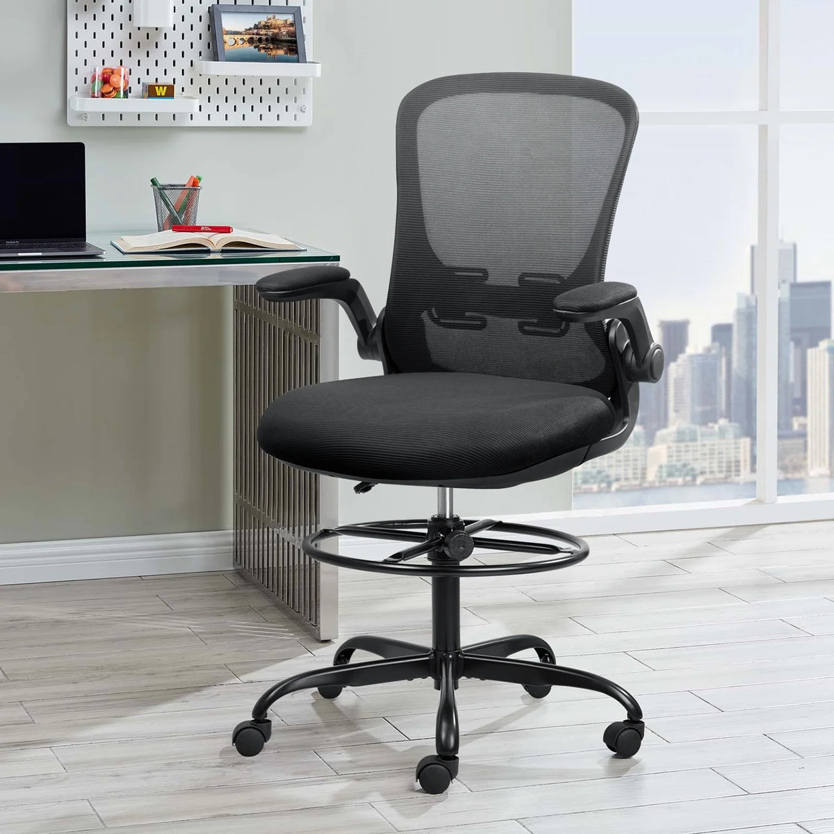 Black Adjustable Height Ergonomic Office Chair with Flip-up Armrest A683541
