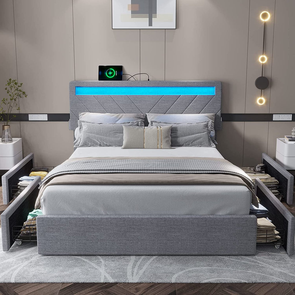Queen Size LED Upholstered Platform Bed Frame with Drawers Q628331