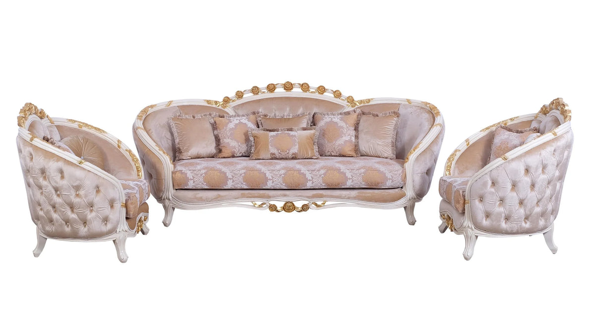 Beige & Gold Wood Trim Sofa Set O634
