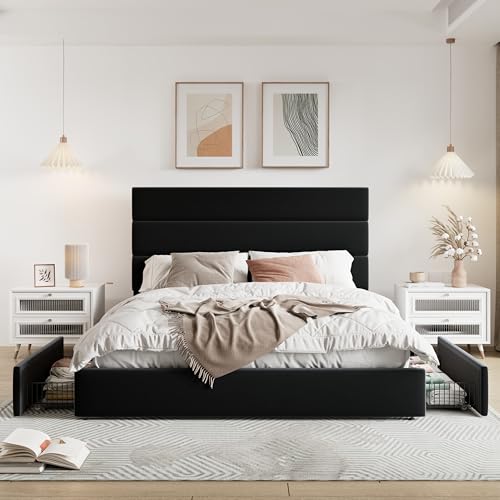 White Full Size Platform Bed Frame with 4 Storage Drawers and Velvet Upholstered Headboard I64265