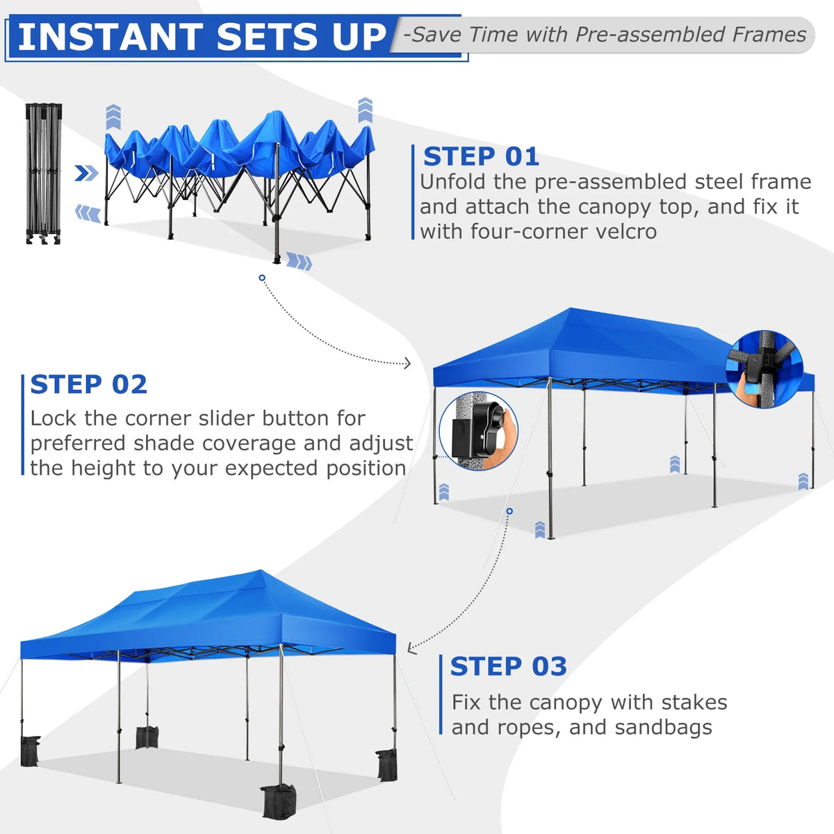 10' x 20' Pop Up Canopy Tent Straight Leg Shelter with Roller Bag, Blue B228