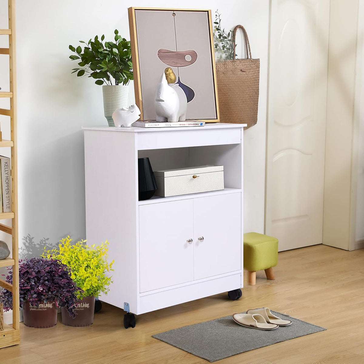 White Pack of 2 Microwave Kitchen Cart with Storage A4232
