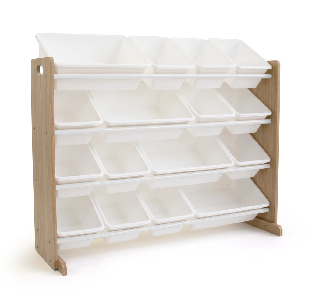 Kids Wood Toy Storage Organizer with 16 White Plastic Bins O402