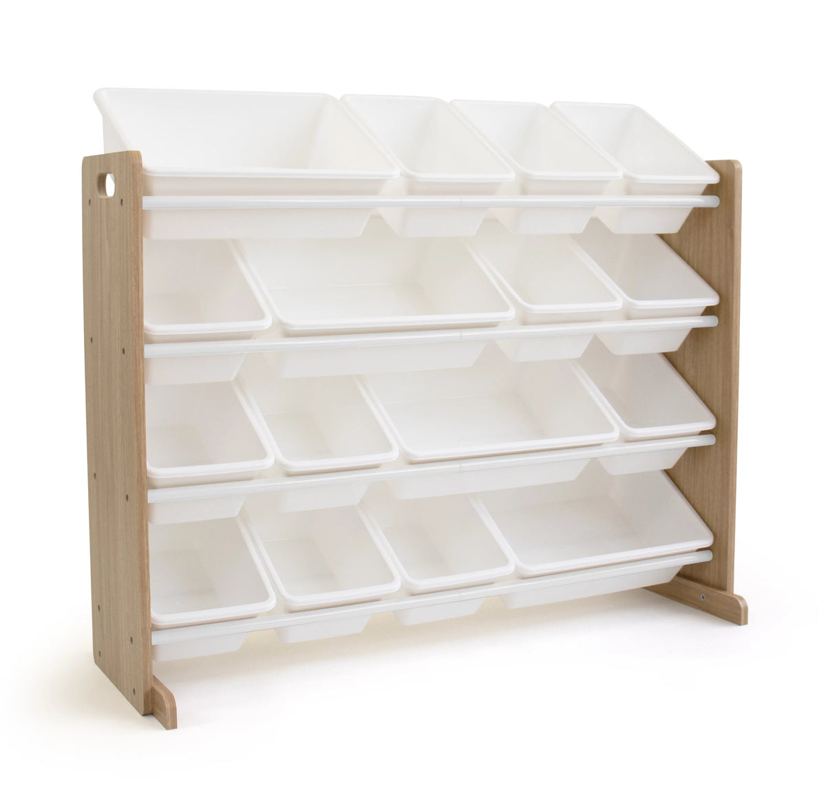 Kids Wood Toy Storage Organizer with 16 White Plastic Bins O402