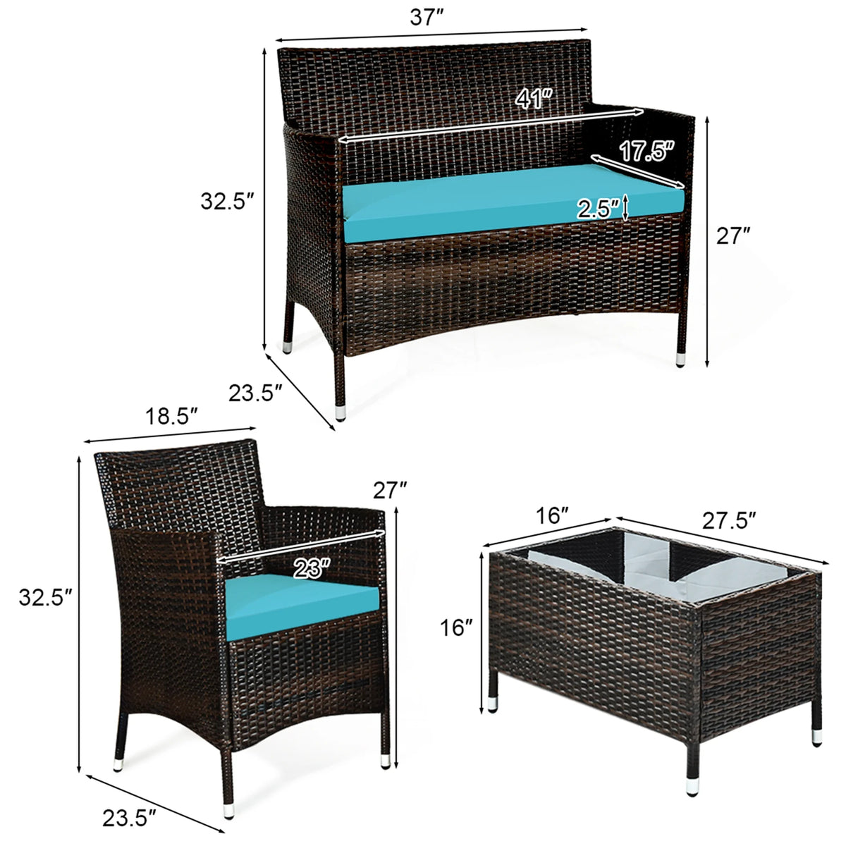 4PCS PE Rattan Wicker Patio Sofa Furniture Set With Cushion Q21757