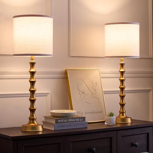 Gold Table Lamp Set of 2 Metal Bamboo Shape Linen White Shade H7210