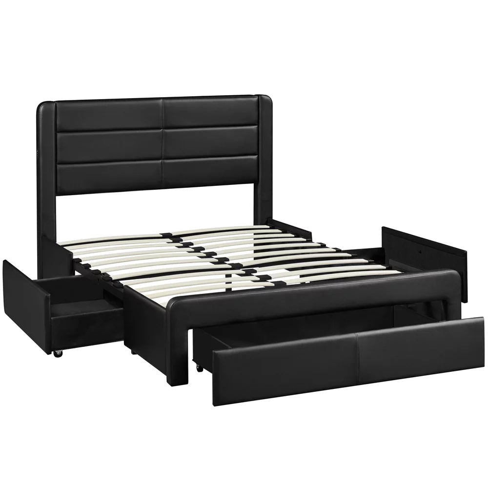 Black Queen Upholstered Platform Bed with 3 Storage Drawers H133