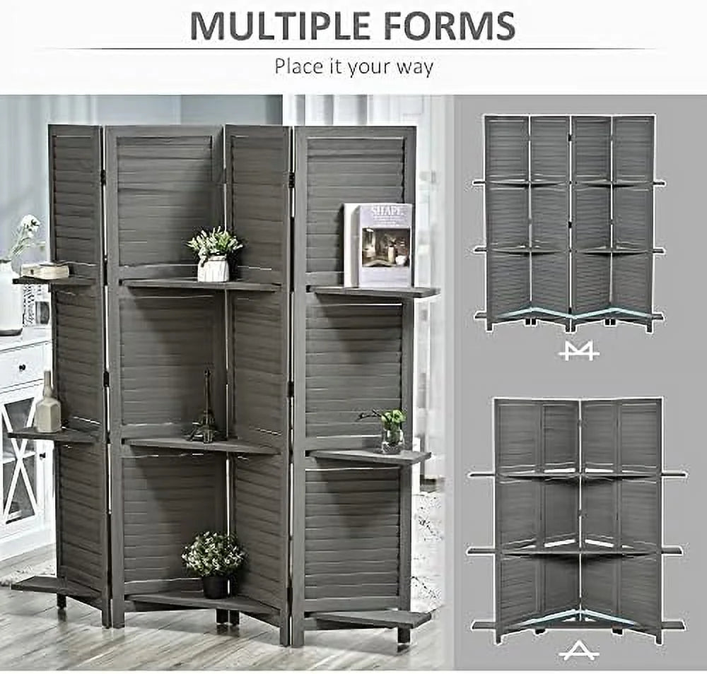 4 Panel Wood Privacy Screen Room Divider with Shelves A2706