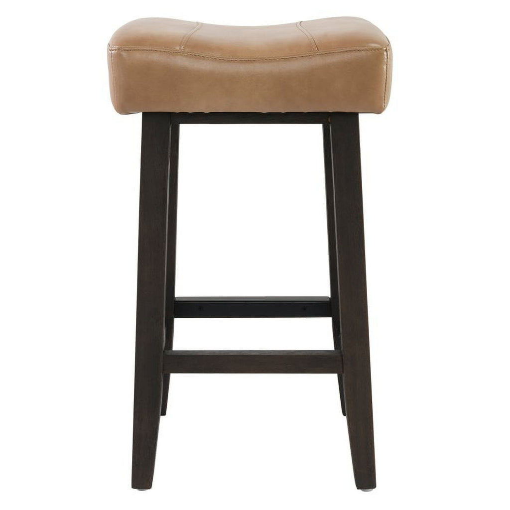 Camel Beige Leather and Wood Backless Bar Stool Set of 2 G9846