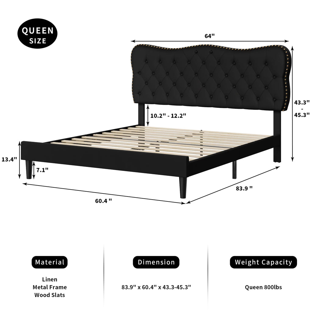 Queen Size Black Linen Upholstered Platform Bed with Adjustable Headboard U254