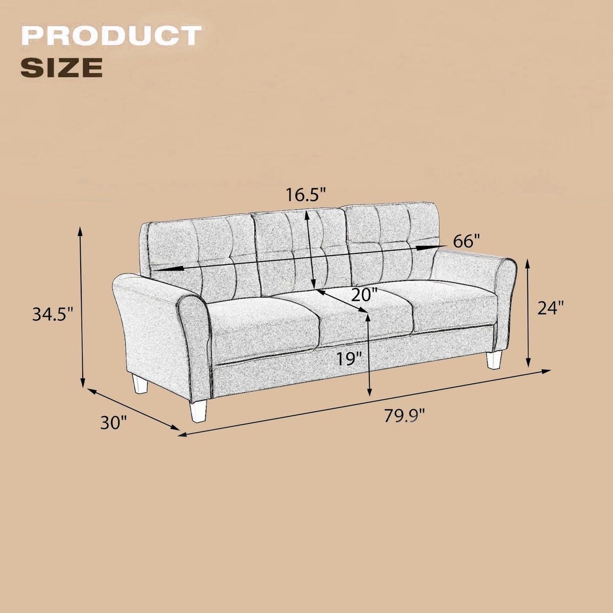 Light Grey Linen 3-Seat Sofa A3762