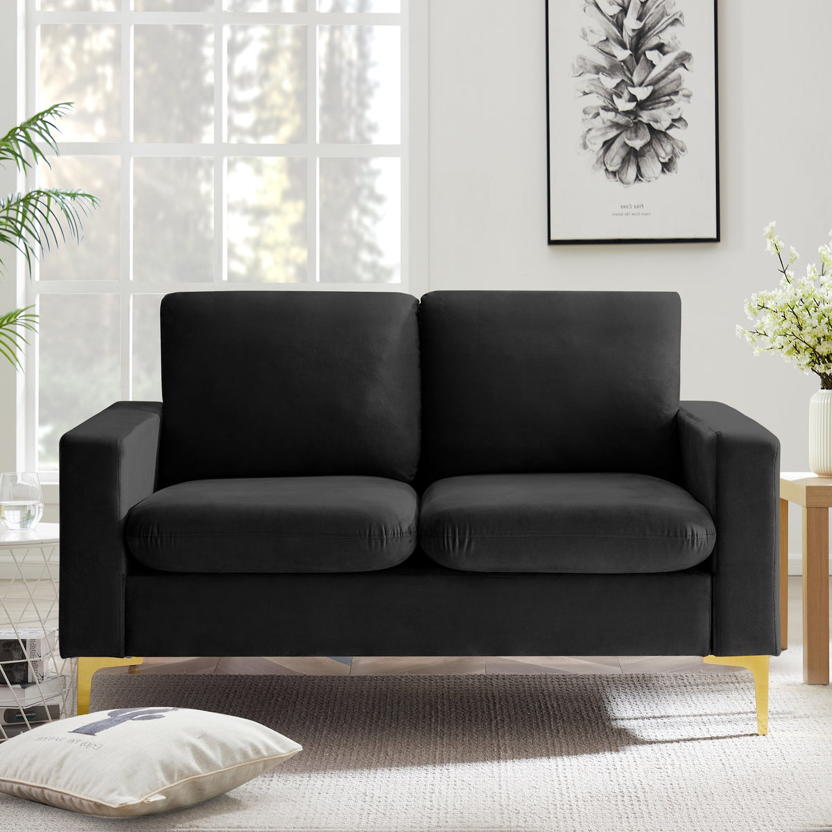 Orange Velvet Loveseat With Gold Metal Legs Square Armrest Small Sofa Couch U126969