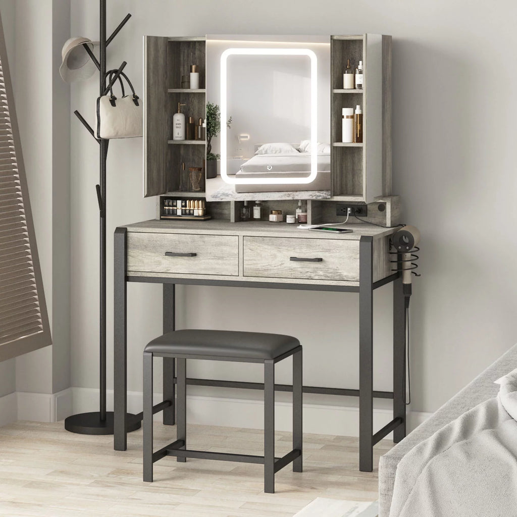 35.4in Makeup Vanity Desk with Lighted Mirror and Power Strip T580
