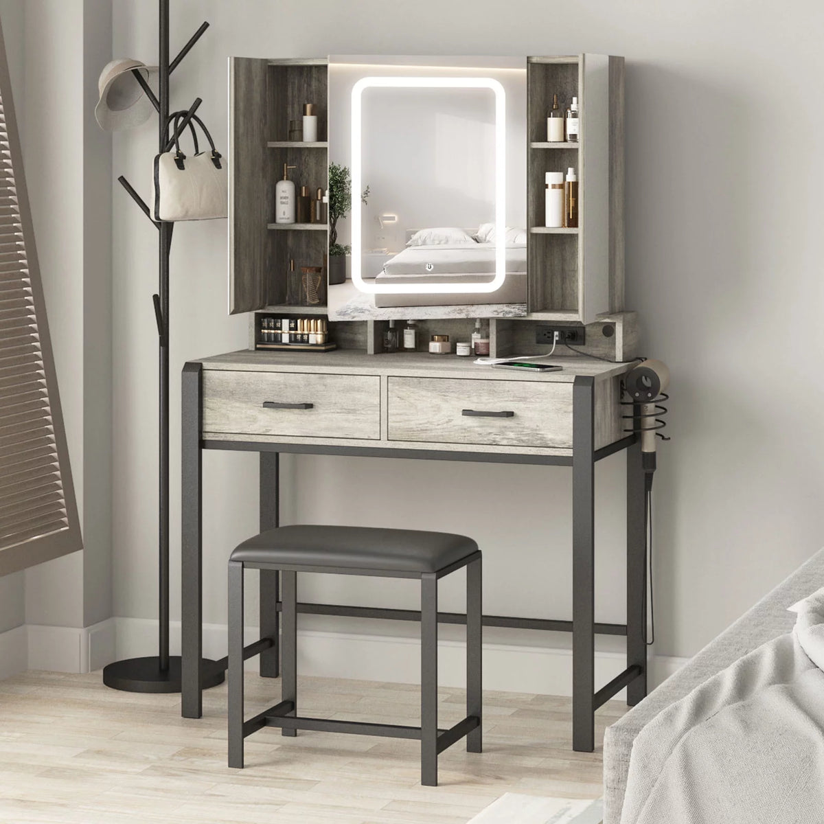35.4in Makeup Vanity Desk with Lighted Mirror and Power Strip T580