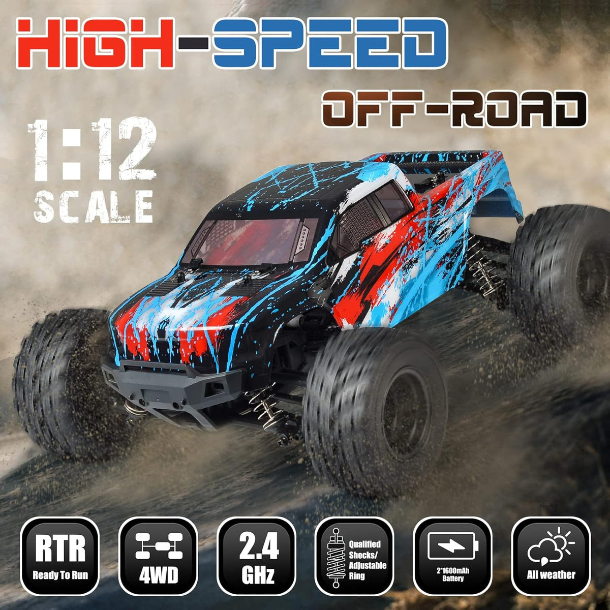 1:12 Scale 4x4 Off Road RC Monster Truck with 2 Rechargeable Batteries F13433