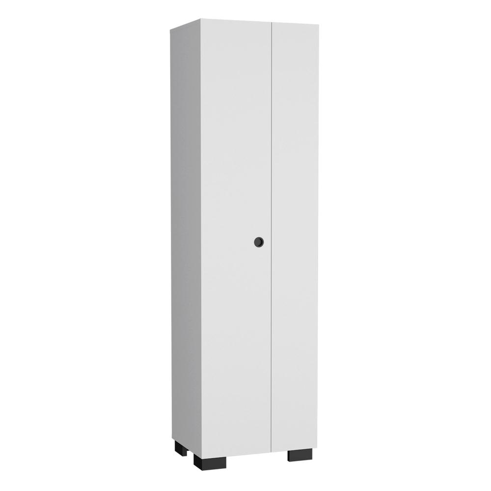White Double-Door Broom Cabinet with Inner Shelves and Side Hangers L586448