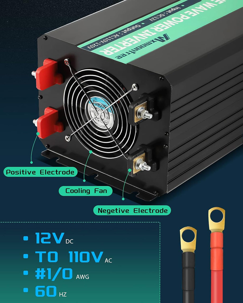 5000W Pure Sine Wave Power Inverter 12V DC to 110V AC with Wireless Remote Control LCD Display W862