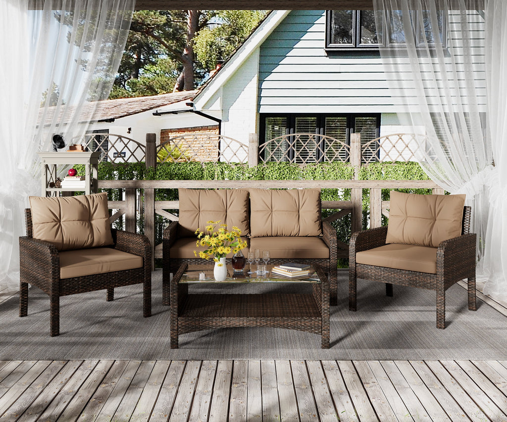 4-Piece Rattan Wicker Sofa Set with Cushions & Coffee Table R192733