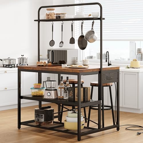 46" Kitchen Island Table with Power Outlet and 3-Tier Storage C2408