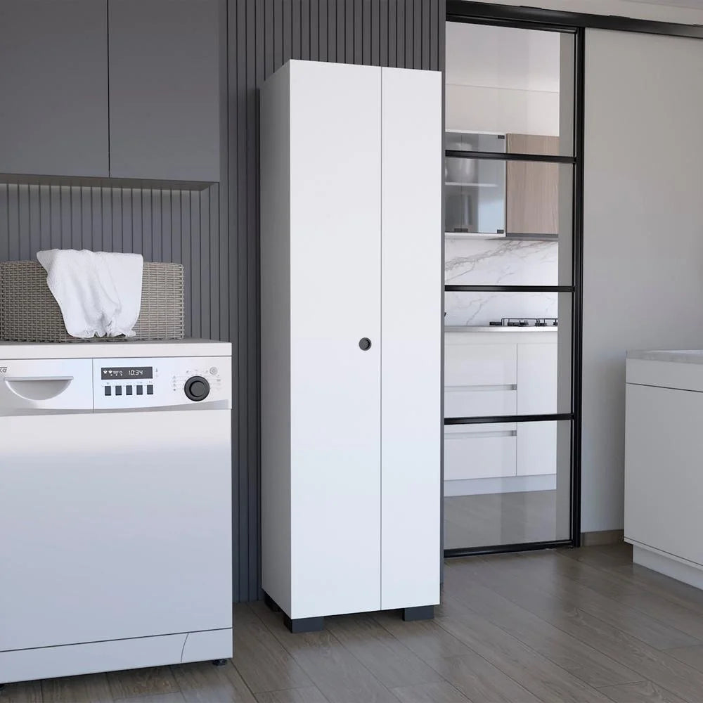 White Double-Door Broom Cabinet with Inner Shelves and Side Hangers L586448