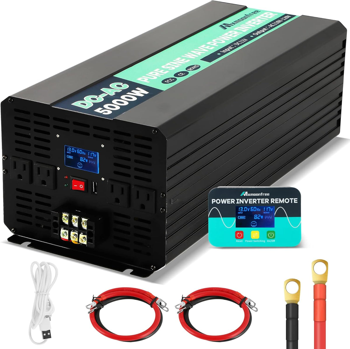 5000W Pure Sine Wave Power Inverter 12V DC to 110V AC with Wireless Remote Control LCD Display W862