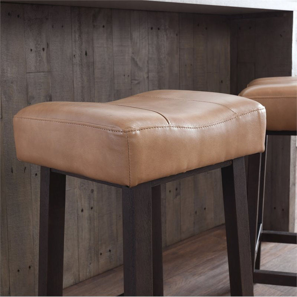 Camel Beige Leather and Wood Backless Bar Stool Set of 2 G9846