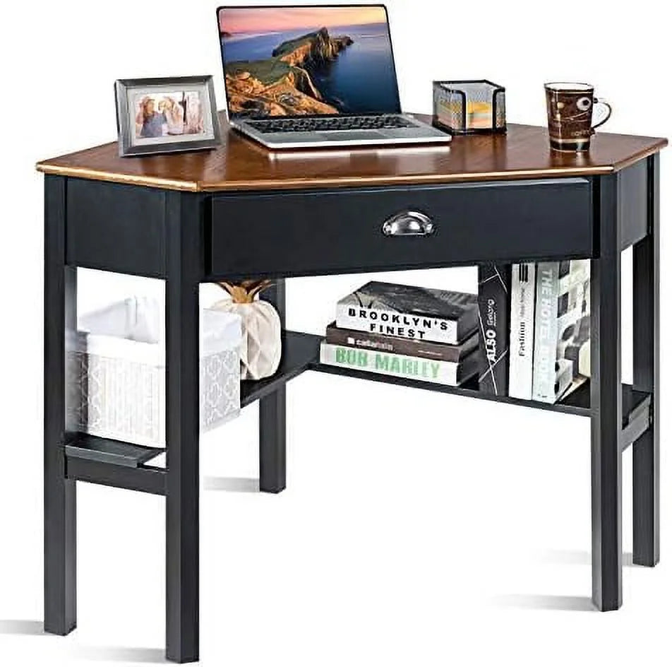 White Corner Desk with Drawer and Shelves H425